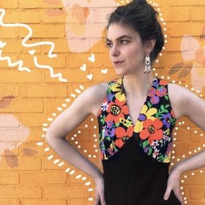 Vintage 1970's Floral & Black Halter Maxi Dress